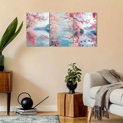 3pcs Combination of Cherry Blossoms And Lake Water Metal Print Ready to Hang Art