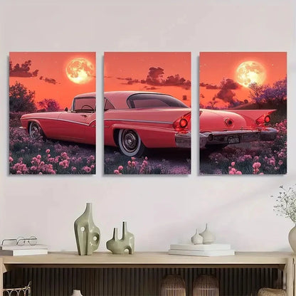 3pcs Retro Futuristic Vintage Car Mid Century Metal Print Ready to Hang Art