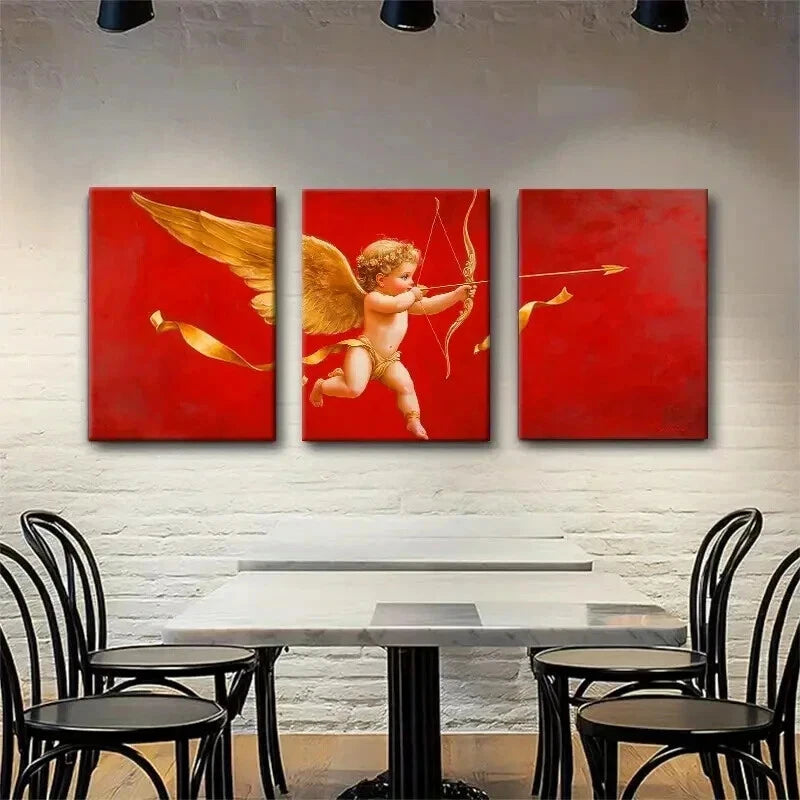 3pcs Cupid Angel Golden Winged Cherub Perfect Wall Art Set Canvas Framed 40x60cm - High Quality Print 100% Australian Made Wall Canvas Ready to Hang