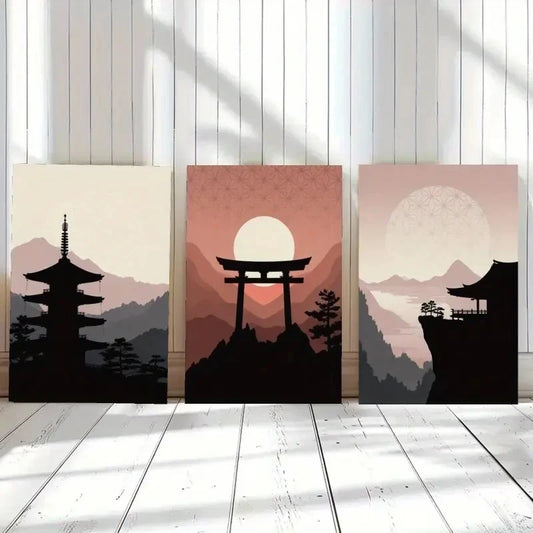 3pcs Japanese Pagoda Torii Gate & Pavilion Scenes Metal Print Ready to Hang Art