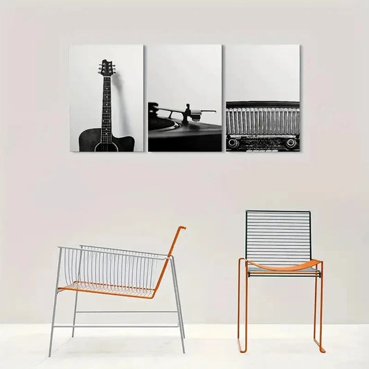 3pcs Guitar Record Player Musical Instruments Metal Print Ready to Hang Art