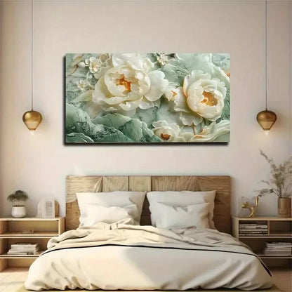 White Peony Green Leaves wall canvas office home room framed 120x60cm - Bella Home Decor