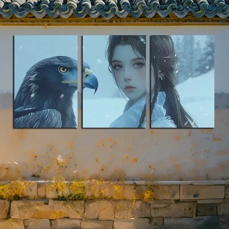 3pcs Eagles & Women in Winter Themed Design Metal Print Ready to Hang Art