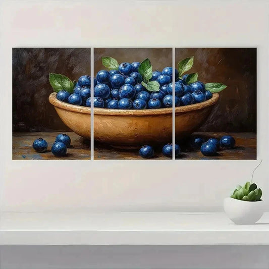 3pcs Blueberry Wooden Bowl Vibrant Perfect Wall Art Set Canvas Framed 40x60cm - High Quality Print 100% Australian Made Wall Canvas Ready to Hang