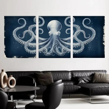 3pcs Enchanting Octopus Print on Dark Blue Metal Print Ready to Hang Art
