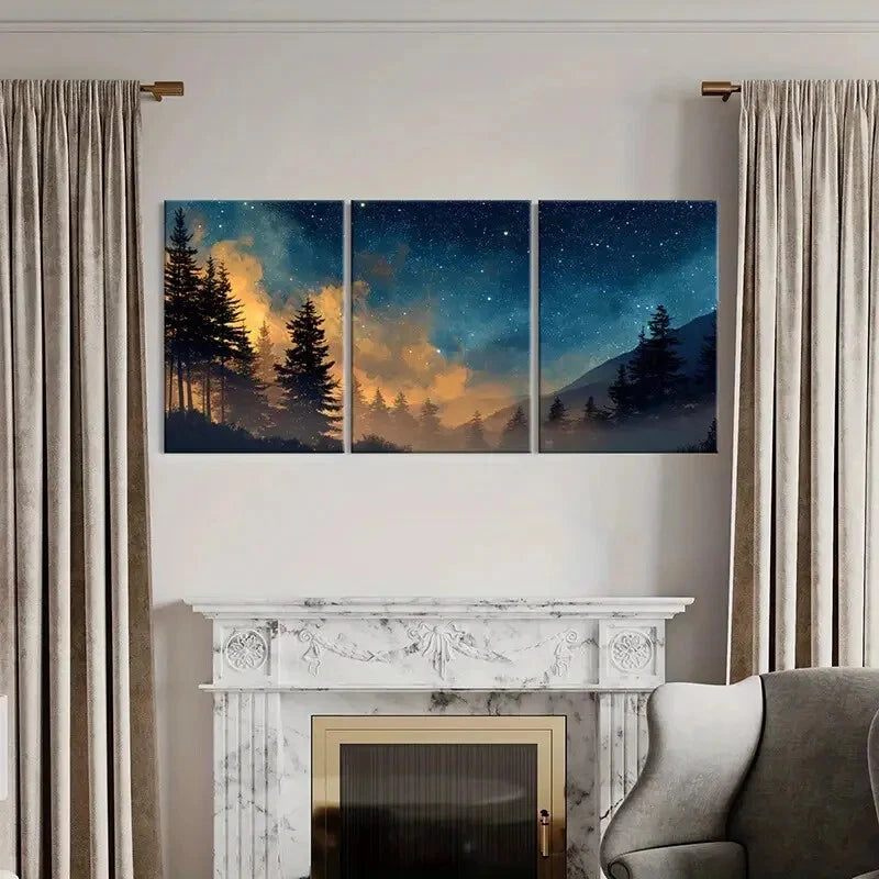 3pcs Starry Night Forest Landscape with Pine Trees Metal Print Ready to Hang Art