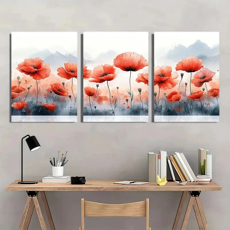 3pcs Vibrant Red Wildflowers & Mountain Landscape Metal Print Ready to Hang Art