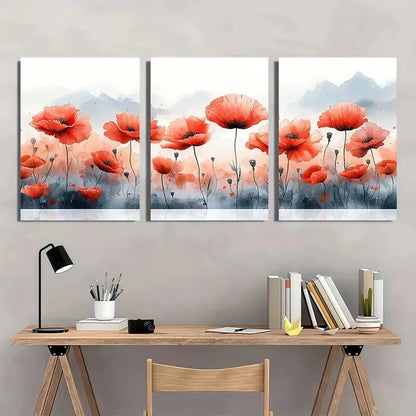 3pcs Vibrant Red Wildflowers & Mountain Landscape Metal Print Ready to Hang Art
