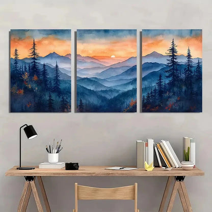 3pcs Blue Roan Mountains Watercolor Art Metal Print Ready to Hang Art
