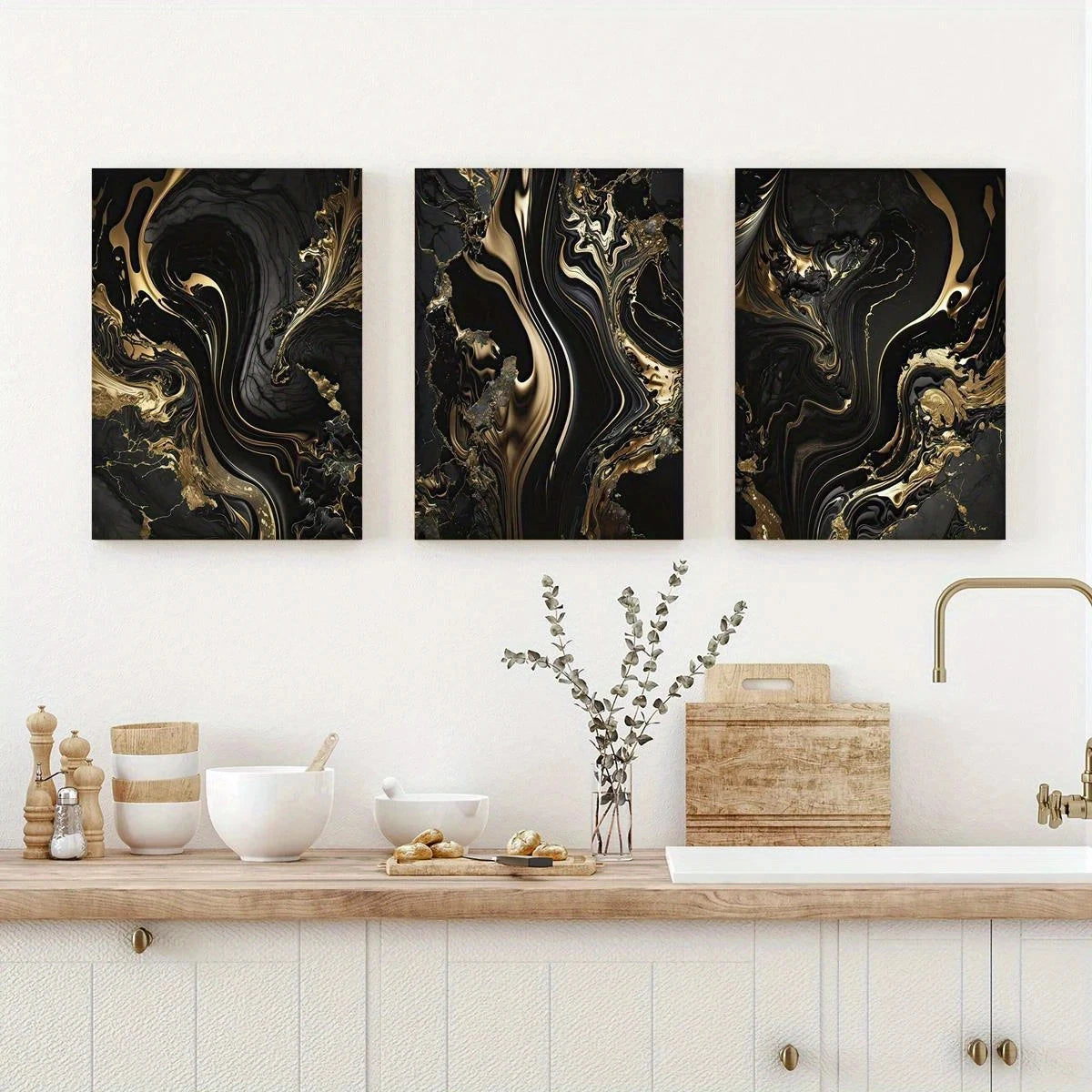 3pcs Black & Golden Marble Abstract Design Metal Print Ready to Hang Art