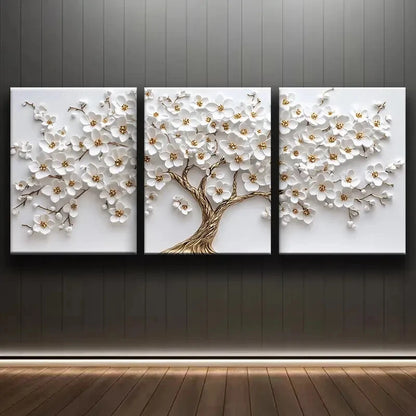 3pcs White Flower Tree Design Metal Print Ready to Hang Art