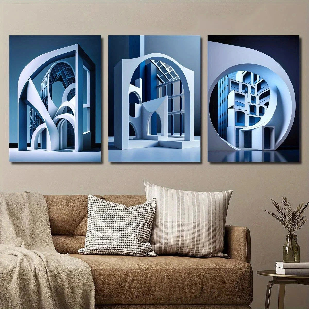 3pcs Modern Abstract Architecture Blue Geometric Metal Print Ready to Hang Art