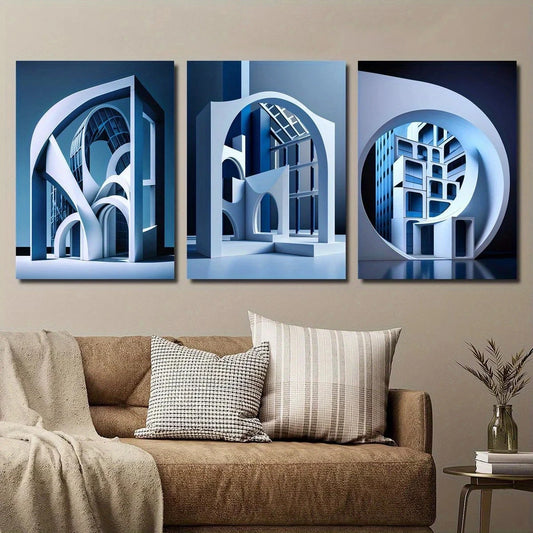 3pcs Modern Abstract Architecture Blue Geometric Metal Print Ready to Hang Art