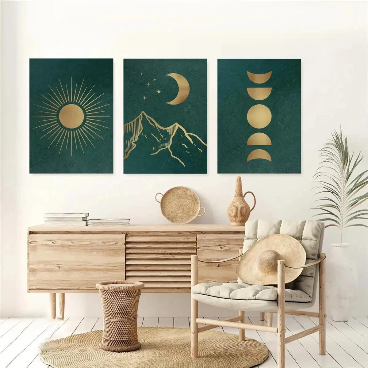 3pcs Emerald Green Sun And Moon Metal Print Ready to Hang Art