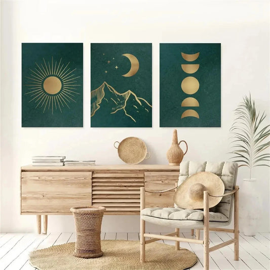 3pcs Emerald Green Sun And Moon Metal Print Ready to Hang Art