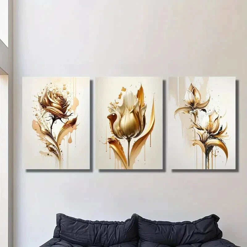 3pcs Golden floral art poster, golden rose Metal Print Ready to Hang Art