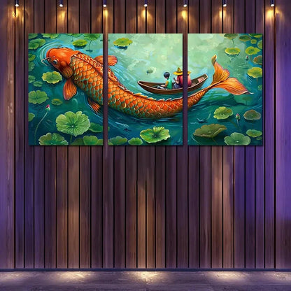 3pcs Vibrant Koi Fish and for Lotus Pond Wall Art Set Canvas Framed 40x60cm - High Quality Print 100% Australian Made Wall Canvas Ready to Hang
