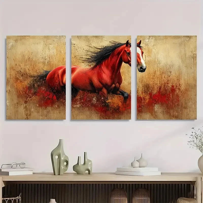 3pcs Rustic Brown & Red Horse in Motion Metal Print Ready to Hang Art