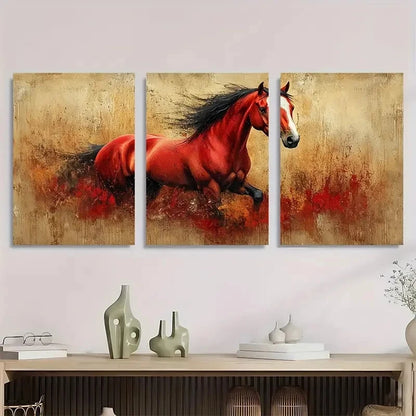 3pcs Rustic Brown & Red Horse in Motion Metal Print Ready to Hang Art