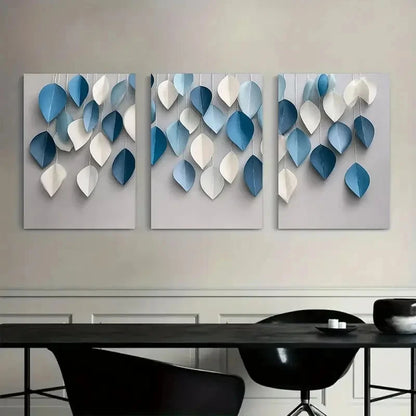 3pcs Simple White and Blue Paper Leaves Metal Print Ready to Hang Art