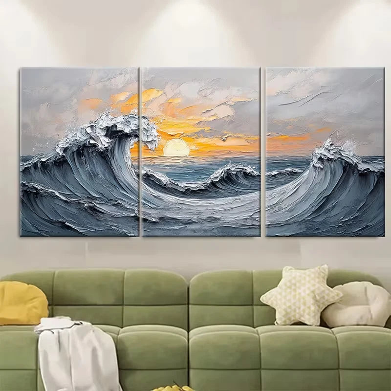 3pcs Gray Ocean Wave Metal Print Ready to Hang Art