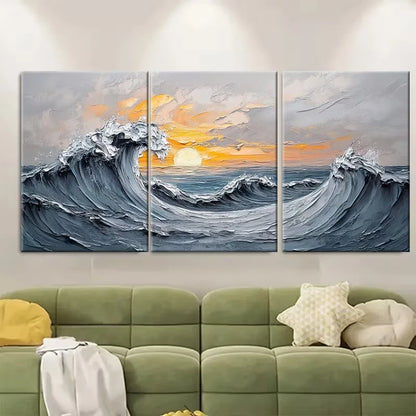 3pcs Gray Ocean Wave Metal Print Ready to Hang Art