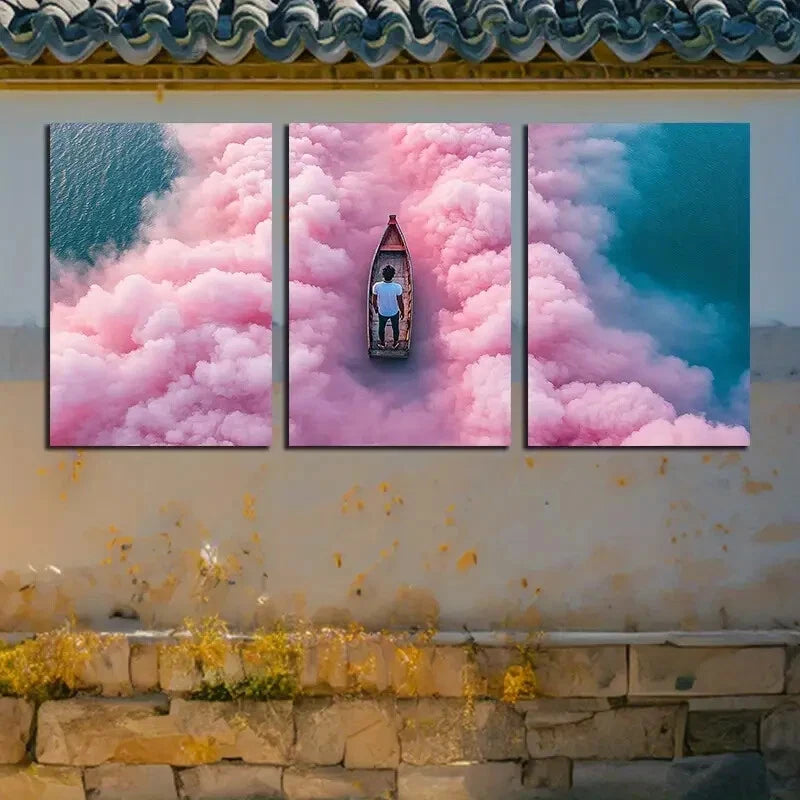 3pcs Vibrant Boat in Yunhe Illustration Metal Print Ready to Hang Art