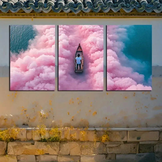 3pcs Vibrant Boat in Yunhe Illustration Metal Print Ready to Hang Art