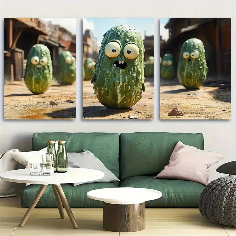 3pcs Cute Cartoon Goofy Pickle Metal Print Ready to Hang Art