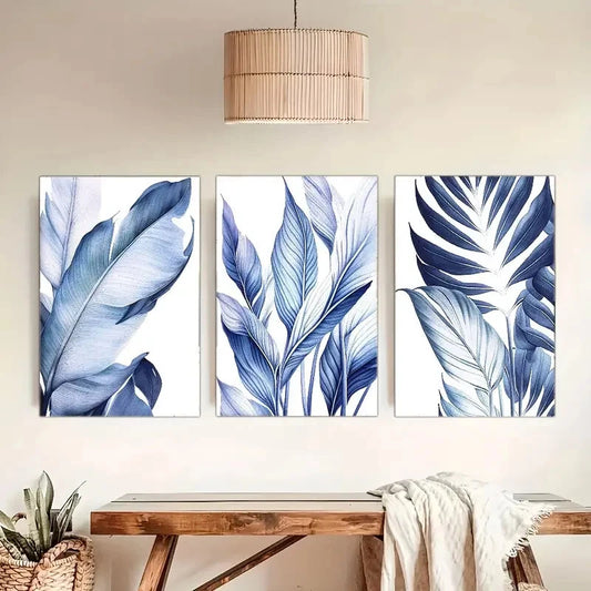 3pcs Vibrant Blue Tropical Palm Botanical Leaves Metal Print Ready to Hang Art