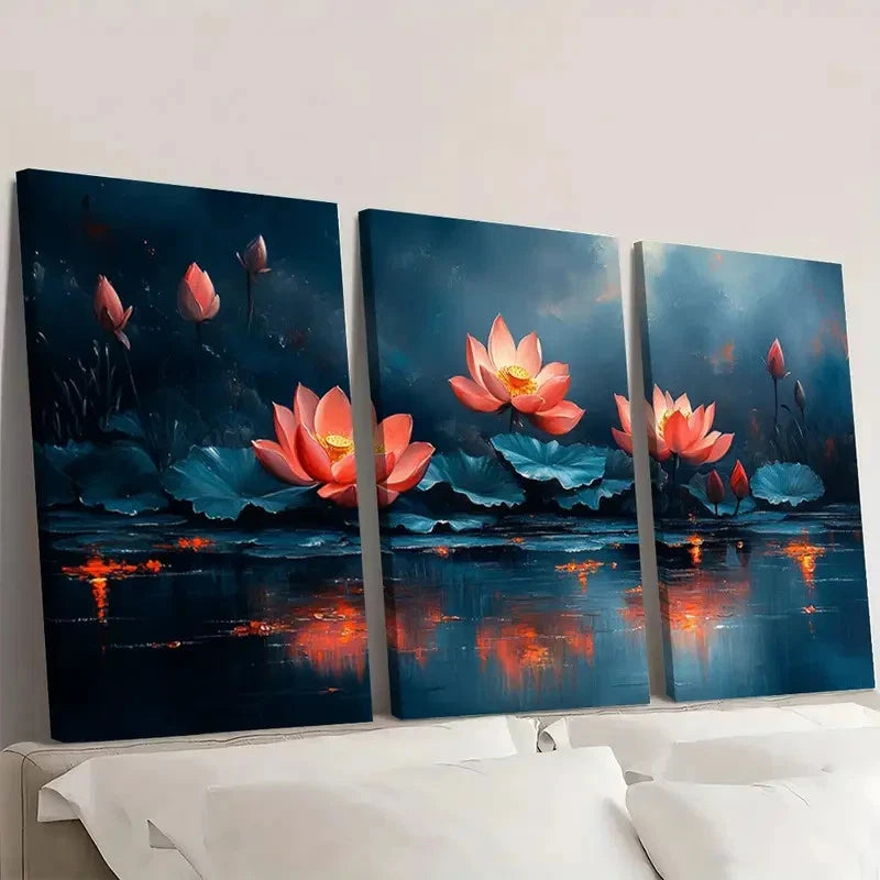 3pcs Vibrant Lotus Flower Canvas Art R Wall Art Set Canvas Framed 40x60cm - High Quality Print 100% Australian Made Wall Canvas Ready to Hang
