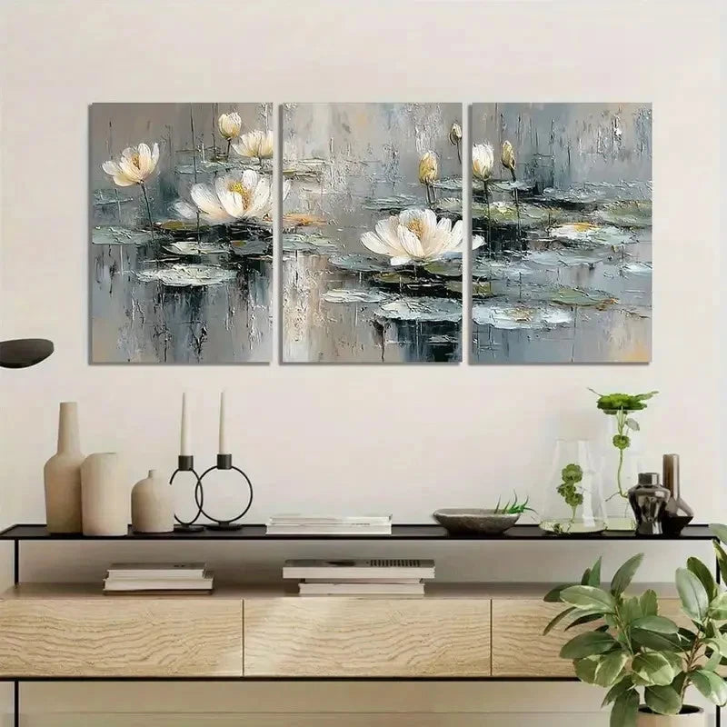 3pcs White for Lotus Pond with Soft Gray Tones Metal Print Ready to Hang Art