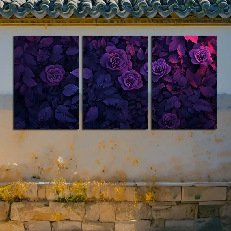 3pcs Purple Rose Dark Theme Illustration Metal Print Ready to Hang Art