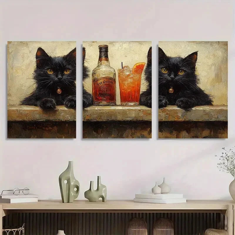 3pcs Vintage Black Cats Cocktail Metal Print Ready to Hang Art