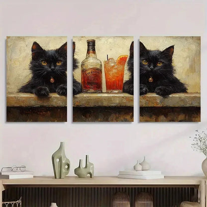 3pcs Vintage Black Cats Cocktail Metal Print Ready to Hang Art