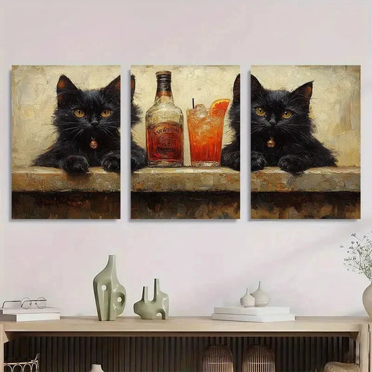 3pcs Vintage Black Cats Cocktail Metal Print Ready to Hang Art