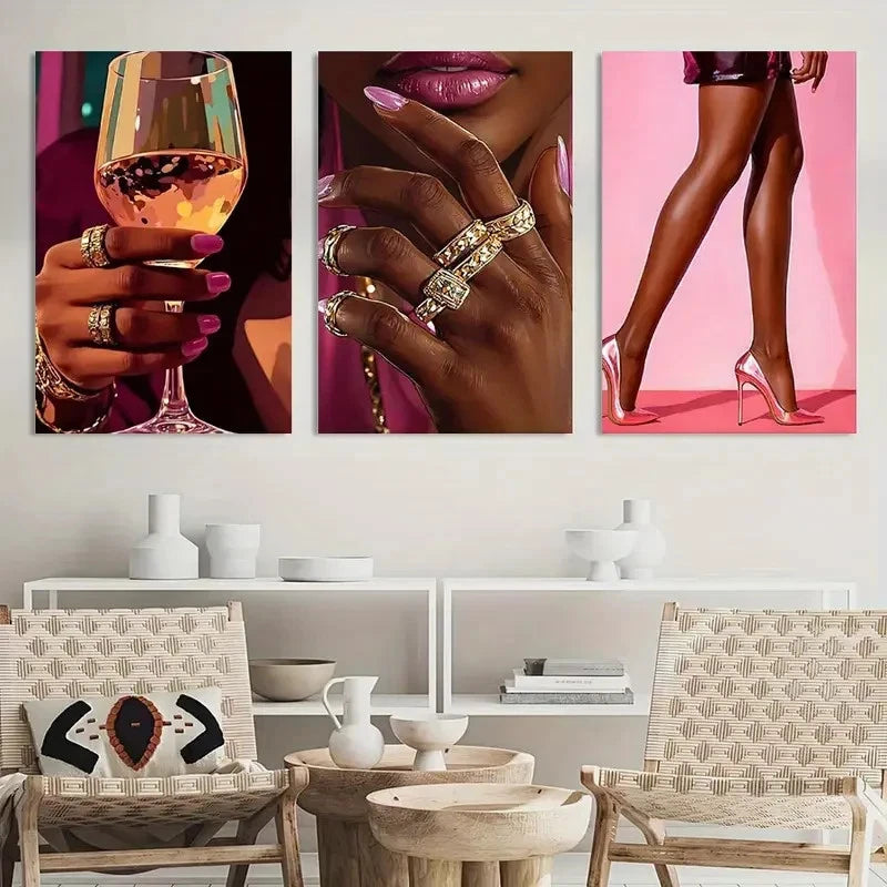 3pcs African American Women in Pink and Black Metal Print Ready to Hang Art