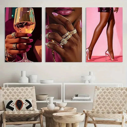 3pcs African American Women in Pink and Black Metal Print Ready to Hang Art