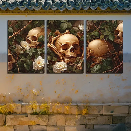 3pcs Skeleton in the Flowers Illustration Metal Print Ready to Hang Art