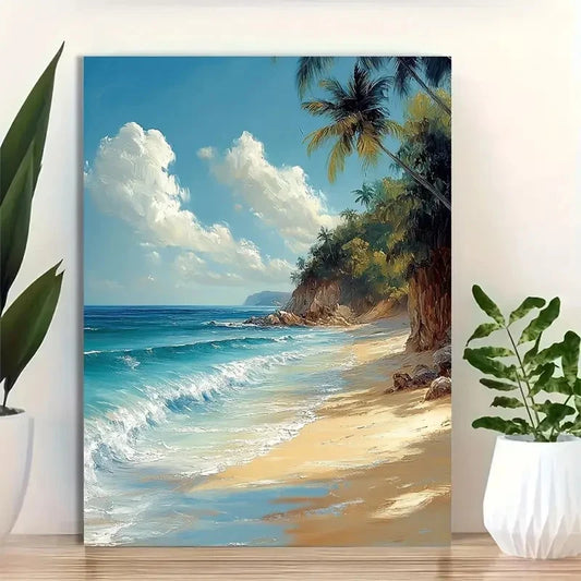 Beautiful Palm Trees & Ocean Waves Painting 40x60cm Metal Print Ready to Hang