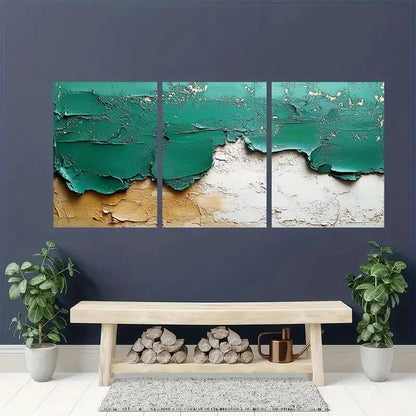 3pcs Abstract Green & White Textured Metal Print Ready to Hang Art