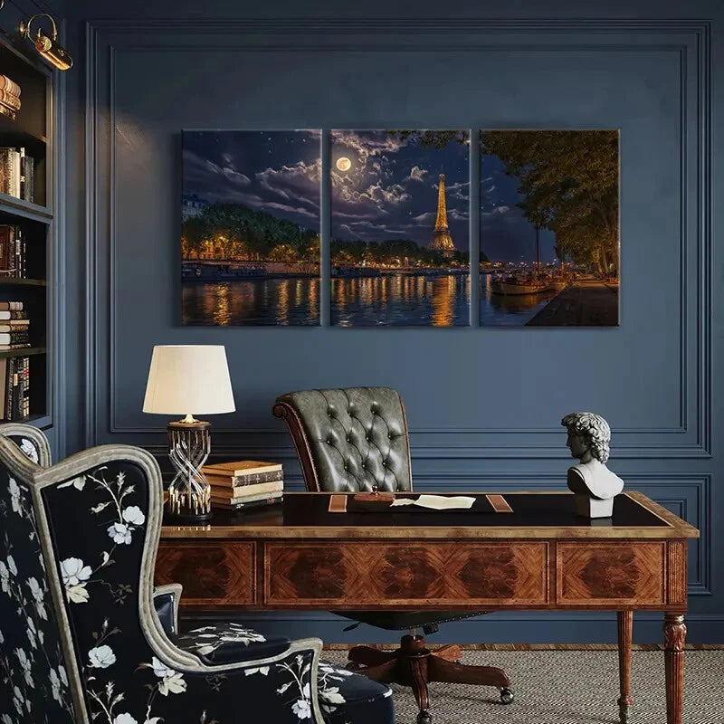 3pcs Eiffel Tower Paris Night Moonlit Sky Metal Print Ready to Hang Art