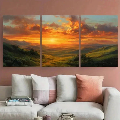 3pcs Golden Sunset Over Rolling Hills Perfect Wall Art Canvas Framed 60x90cm
