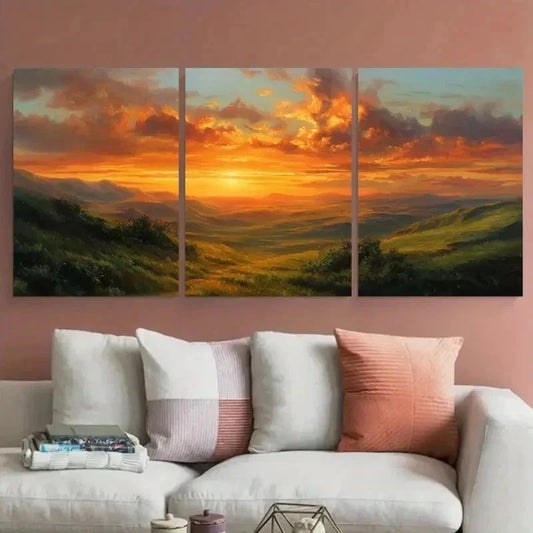 3pcs Golden Sunset Over Rolling Hills Perfect Wall Art Canvas Framed 60x90cm