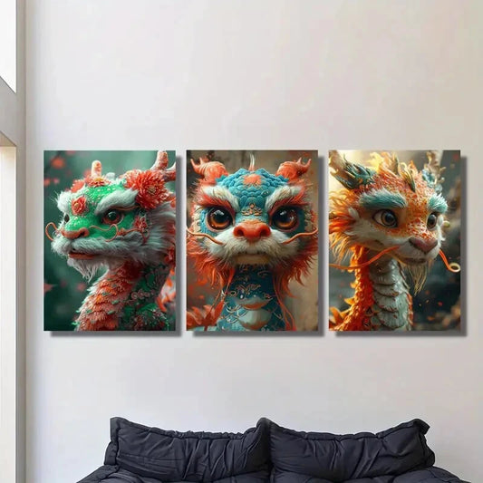 3pcs Oriental Mythical Dragon, Loong, Fantasy Metal Print Ready to Hang Art