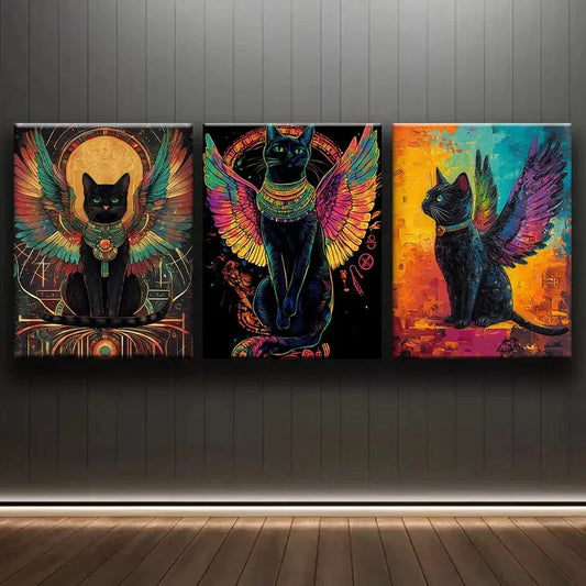 3pcs A Black Cat with Wings Painting Metal Print Ready to Hang Art