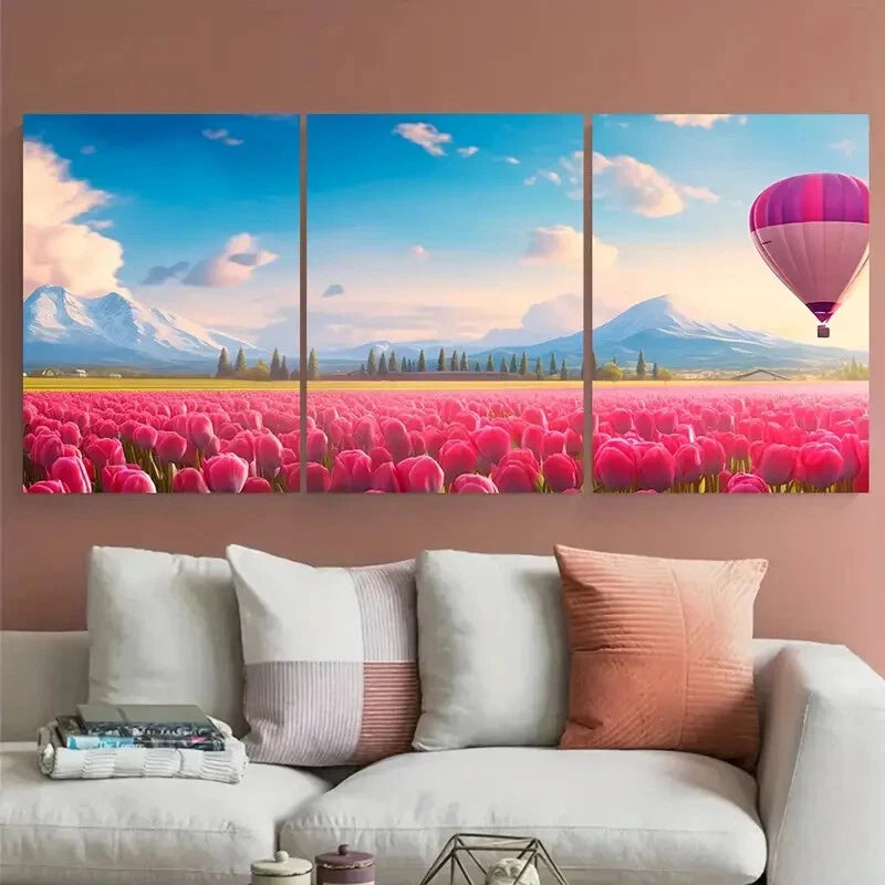 3pcs Pink Tulips Field with Hot Air Balloons Metal Print Ready to Hang Art