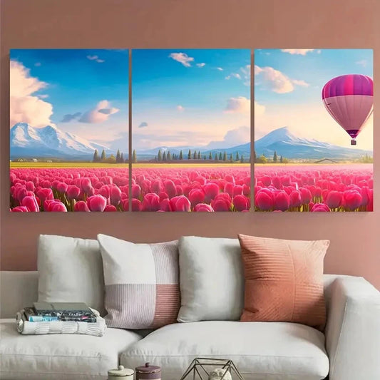 3pcs Pink Tulips Field with Hot Air Balloons Metal Print Ready to Hang Art