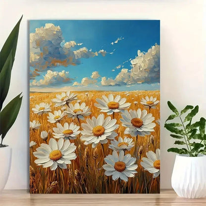 Beautiful White Daisies Under Bright Blue Painting 40x60cm Metal Print Ready to Hang