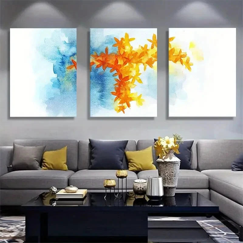 3pcs Orange &BlueModern Abstract Watercolor Floral Metal Print Ready to Hang Art
